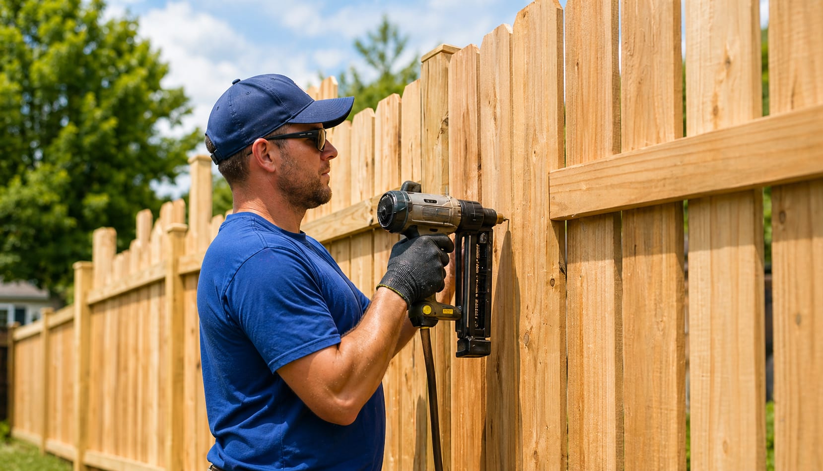 Fence Works installer fastening a cedar privacy fence with a nail gun in Apex, NC