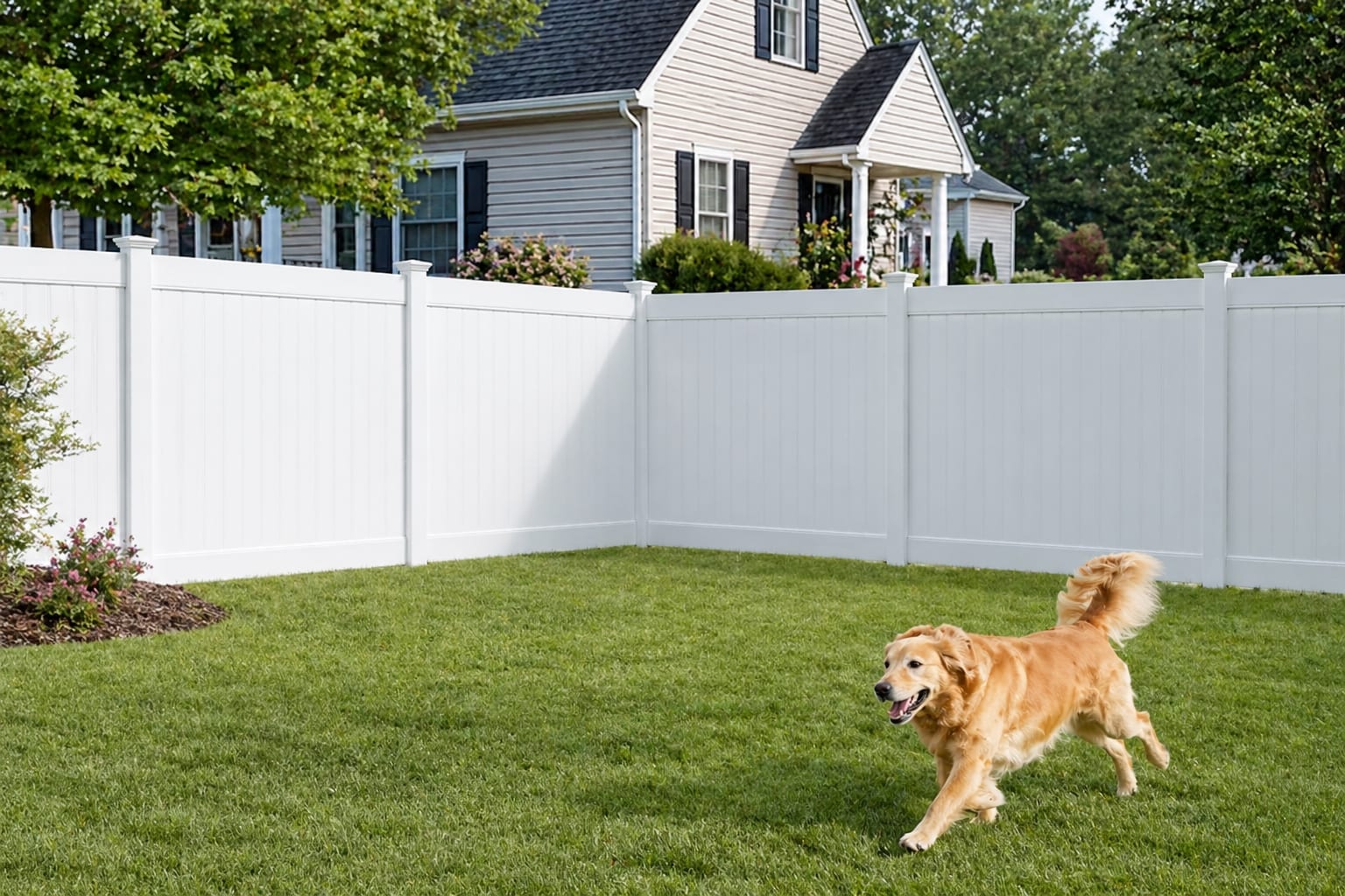 House with white vinyl fence and golden retriever in the backyard