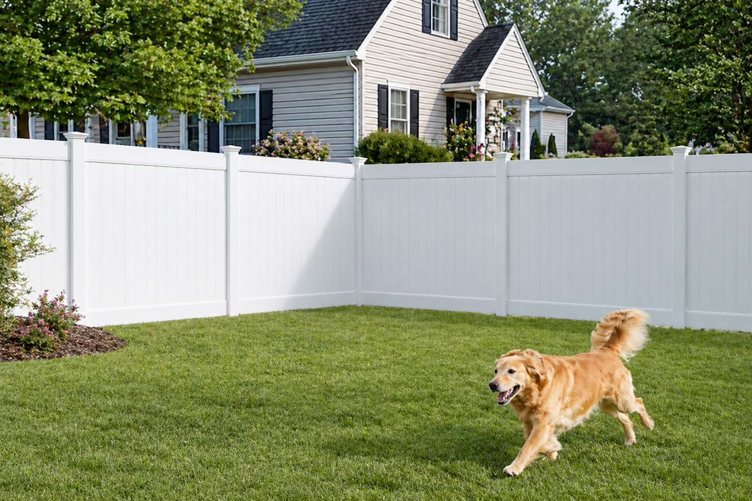 House with white vinyl fence and golden retriever in the backyard