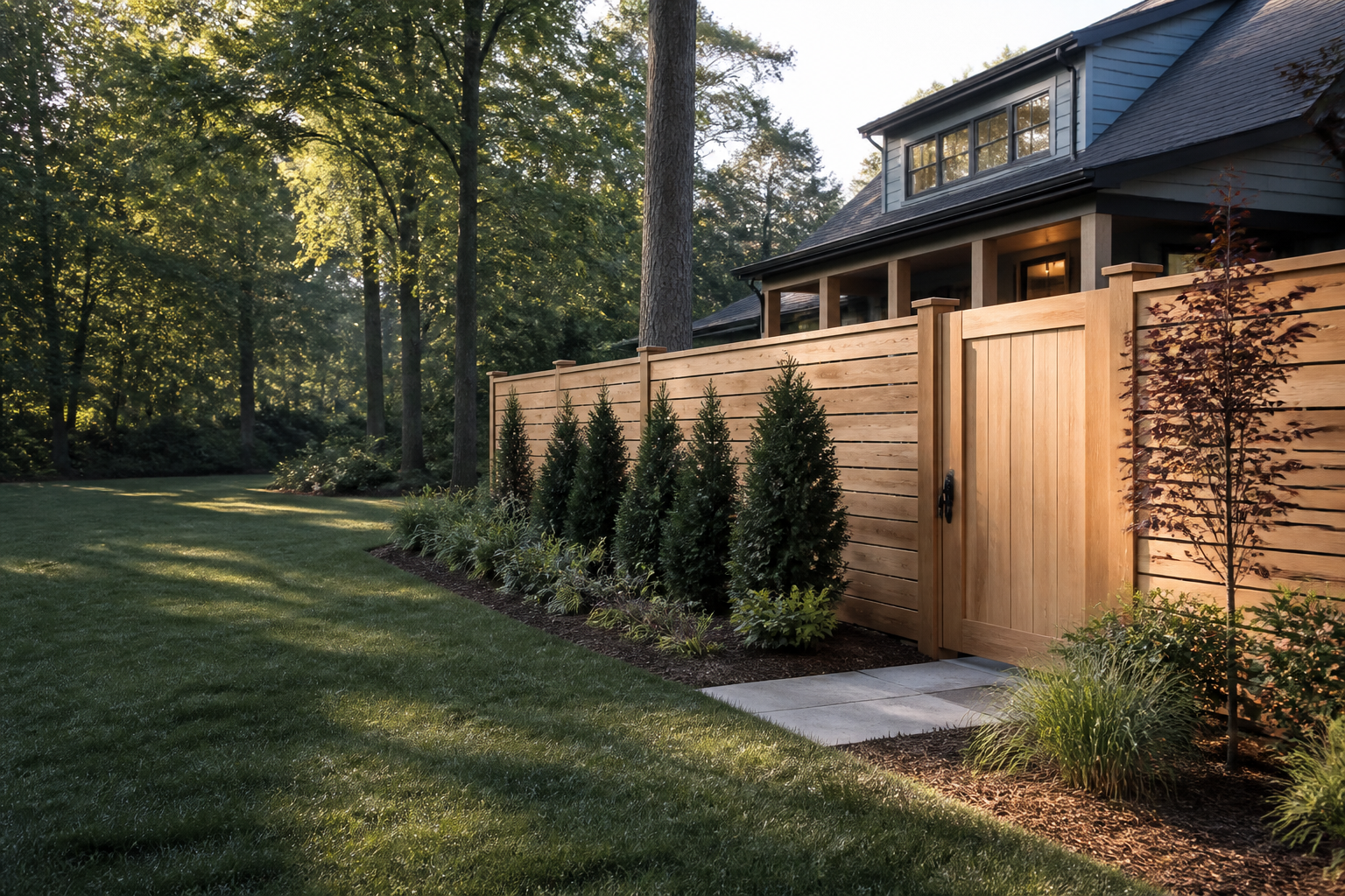 Premium cedar privacy fence at a landscaped Cary, North Carolina home