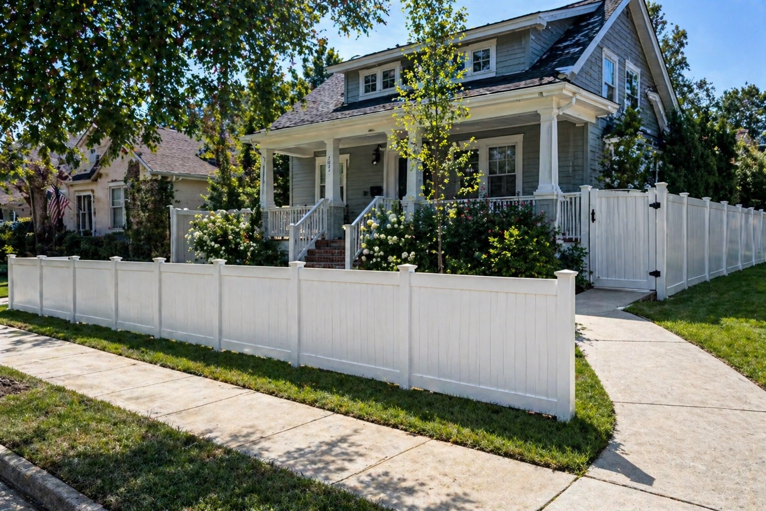 Beautiful white vinyl fence surrounding a residential property